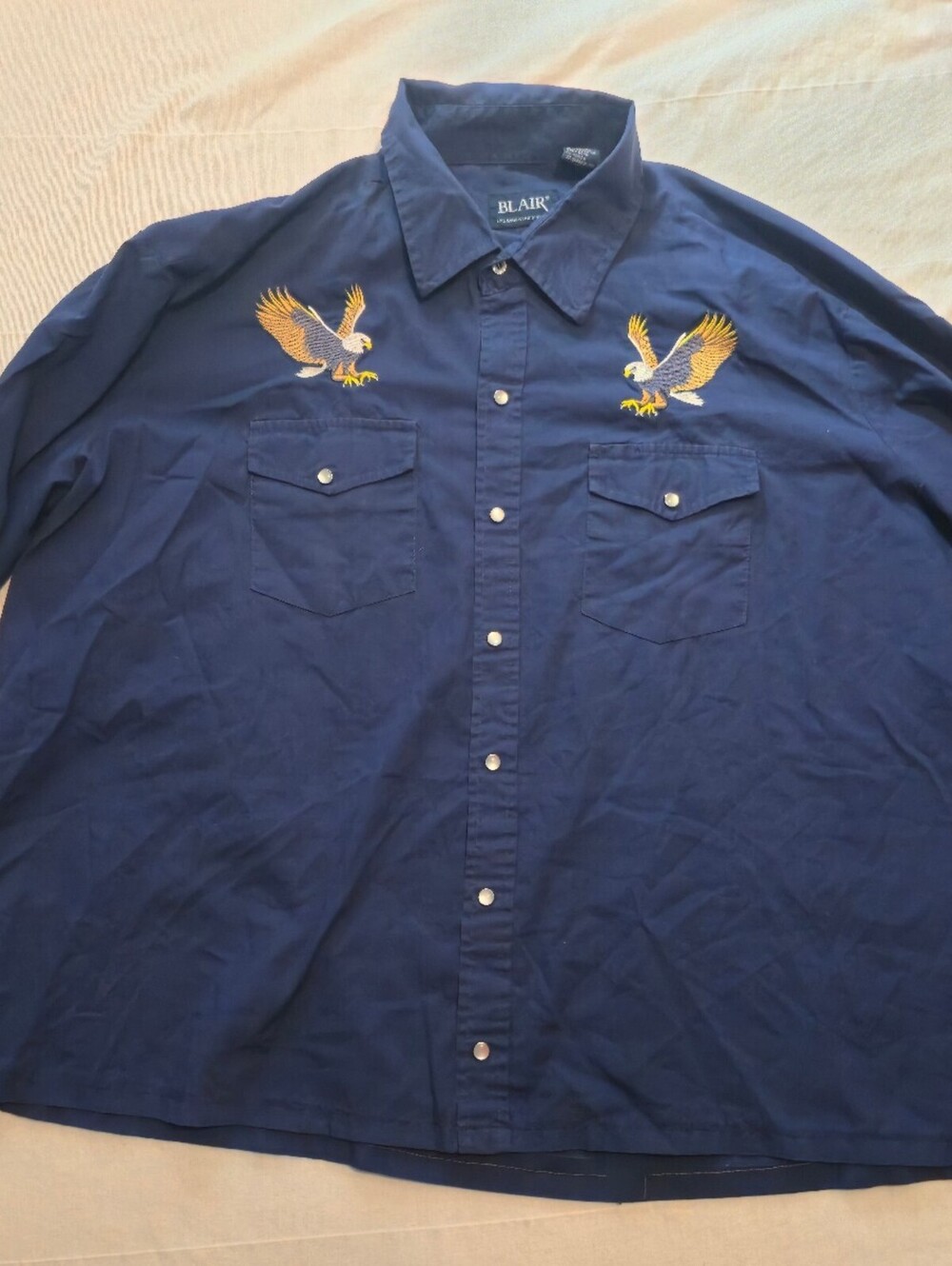Blair Men's 2XL Navy Blue Long Sleeve Button-Up Shirt with Eagle Embroidery vtg